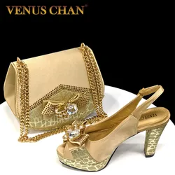 Venus Chan Shoes for Women High Heels INS Style Rhinestone Peep Toe Bow Gold Color New Italian Shoes and Bag for Party 2024