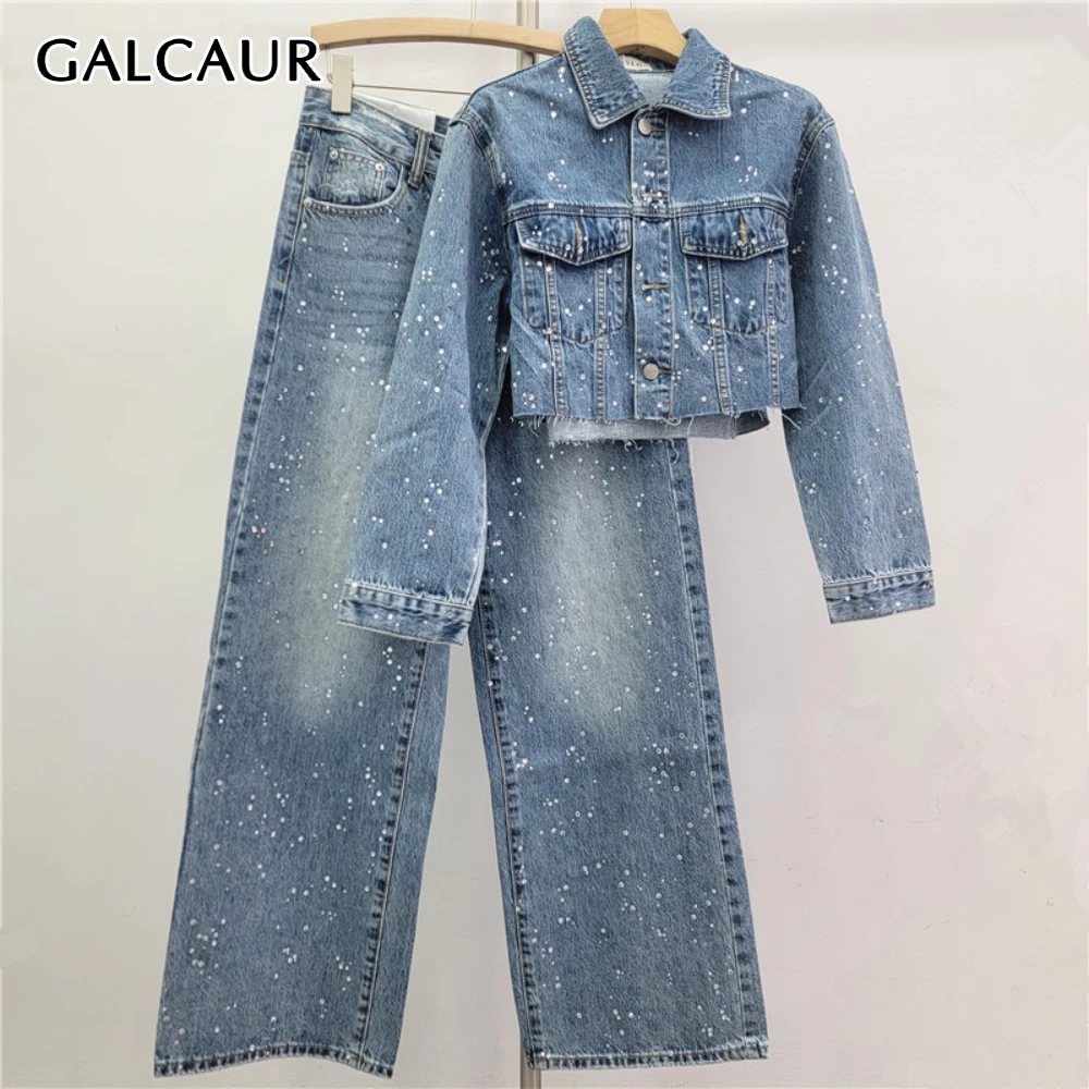 

GALCAUR однотонный комплект из двух предметов с бриллиантами, женская куртка с лацканами и длинными рукавами, уличная одежда, женские брючные комплекты, модные комплекты