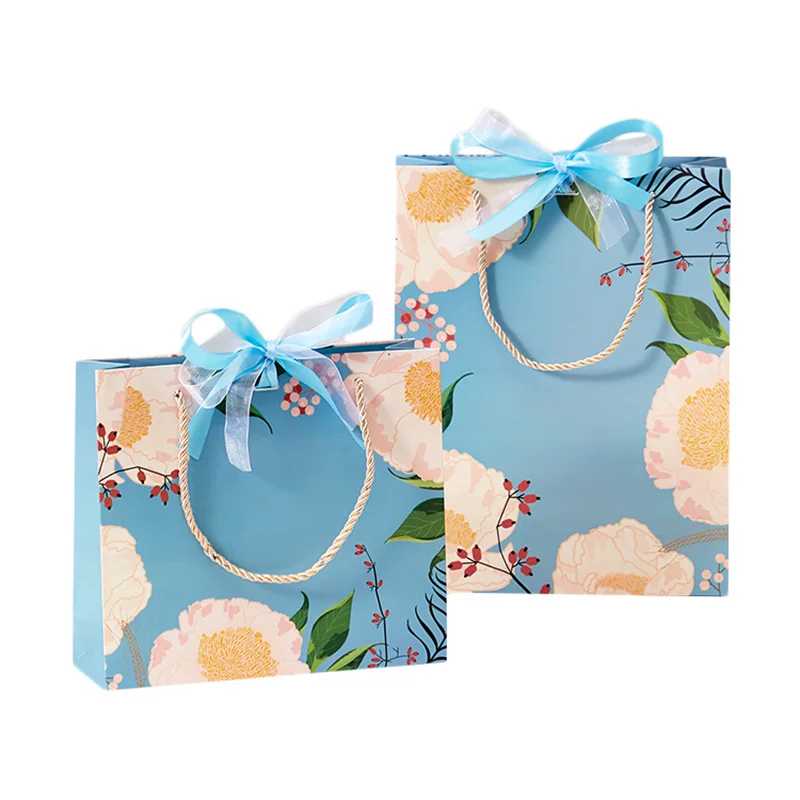 كيس ورقي محمول من الستوباج ، كيس خبز ، كيس هدايا من قطعة واحدة لتعبئة وتغليف الهدايا للعام الجديد بمقبض رسم زيتي بشريط ، زهرة 5 * #3