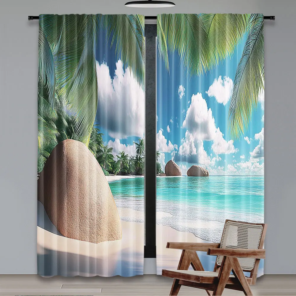 2Pcs Beach Curtain Green Palm Trees Clear Blue Water Sandy Exotic Seashore Rocks Modern Simplistic Drapes