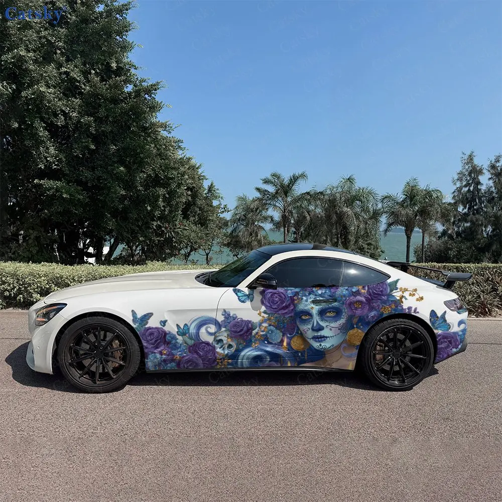 2pcs Purple Blue Floral Spirit Lady Car Side Wraps, Self-Adhesive PVC Waterproof & Scratch-Resistant Sticker, Car Accessory Gift