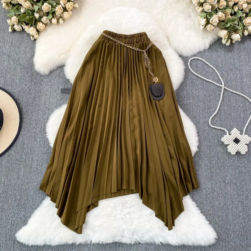 

New Autumn Winter Korean-style High-waisted Pleated Skirt with Slim Flowing Look Mid-length Knee-length Irregular A-line Skirt