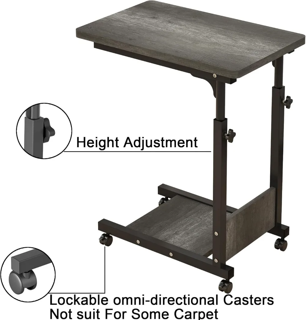 Adjustable Height C Table with Wheels, Mobile Bedside Desk for Laptop and Home Use, Gray