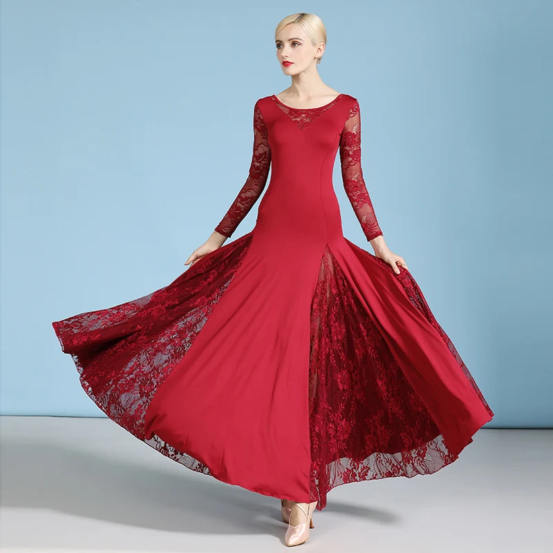 Robe de danse moderne pour femmes, longue couture en dentelle, valse, danse de salon, tango, norme nationale