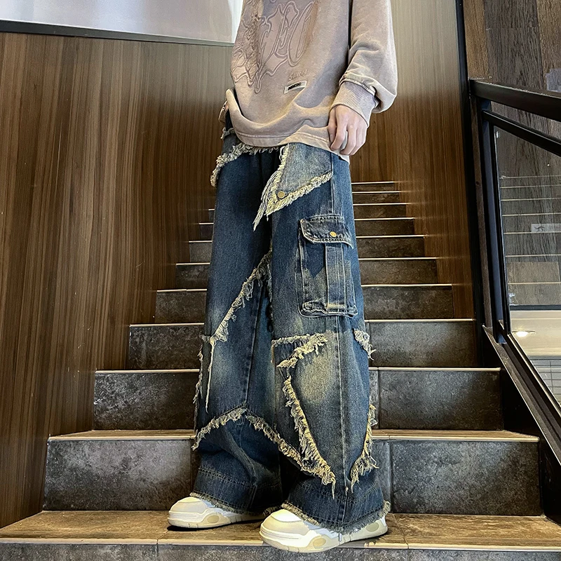 Loose Men's Streetwear Hip Hop Design Jeans High Waist Wide Leg Workwear Trousers Autumn Faion Straight Cut Casual Pants