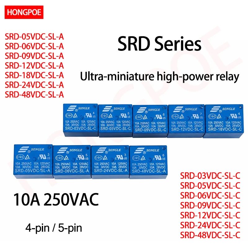 SRD-Series 10A 250VAC Miniature High Power Relay SRD-3V/5V/6V/9V/12V/18V/24V/48VDC-SL-A/C 1 Form C/1 Form A for HVAC PLC Relay