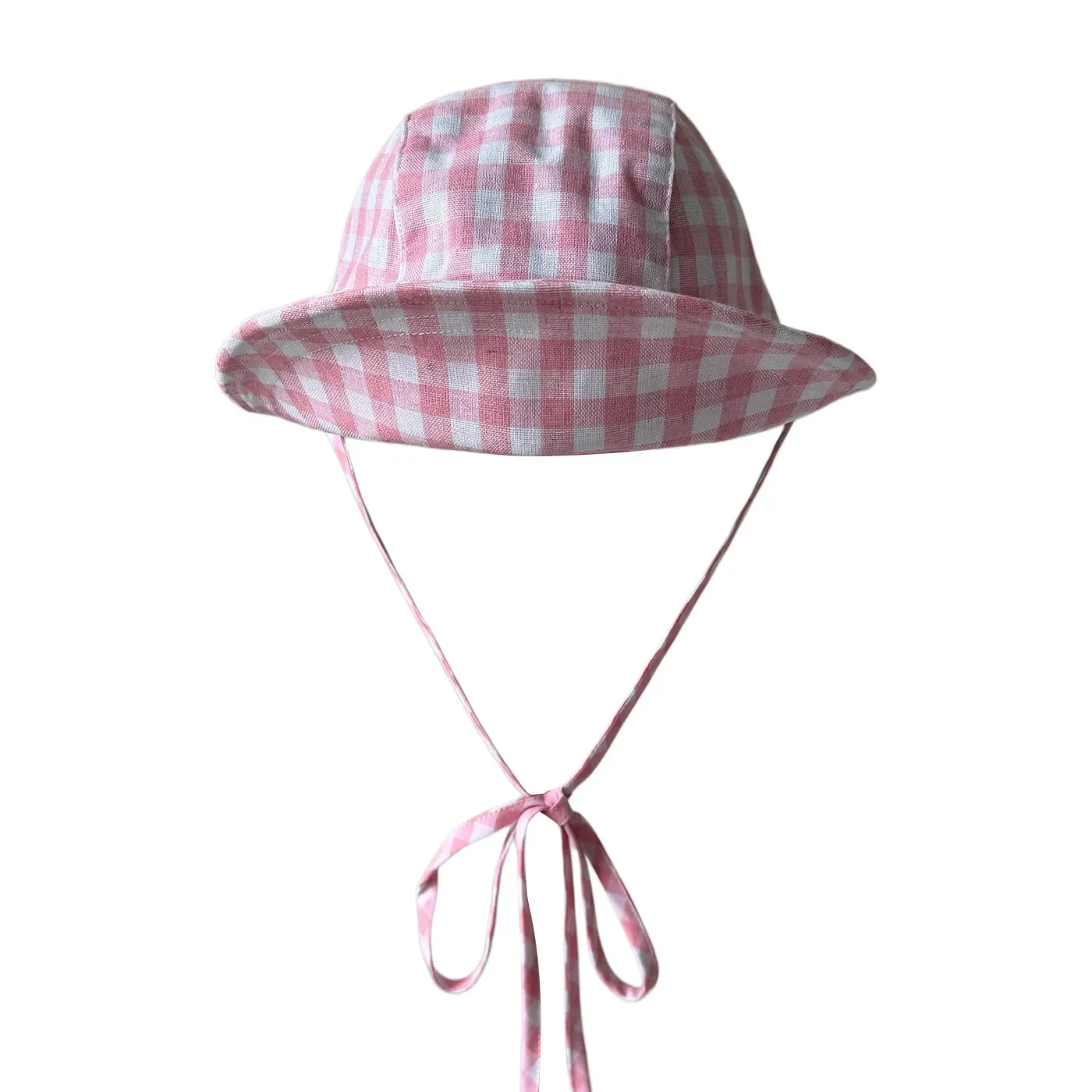 Women Pink Plaid Double Brim Bucket Hat Foldable Strap Sun Hat Casual Breathable Fisherman Cap