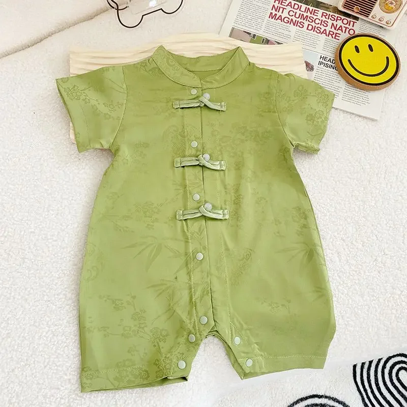 

Summer Chinese Traditional Satin Green Floral Jacquard Short Sleeve Tang Suit Jumpsuit Baby Cute Boys Girls Birthday Clothes