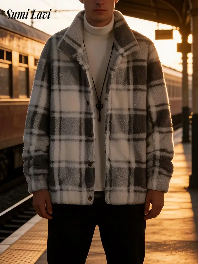 

Vintage Plaid Flannel Jackets Mens Fashionable Furry Cozy Fleece Jacket Coat Autumn Winter Daily Casual Men Buttoned Cardigans