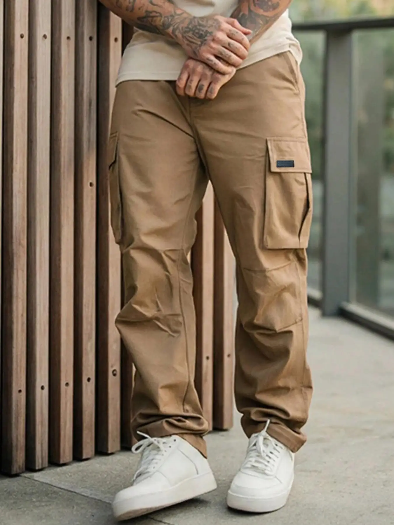 Men's Solid Color Cargo Pants Regular Fit Casual Straight Leg Trousers with Flap Pocket Drawstring Waist for Daily Wear