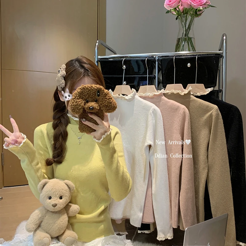 

Lace Patchwork Sweet Knitted Pullovers Women Autumn Korean Retro Slim Y2K Sweater Casual Warm Half-High Collar Bottoming Shirts