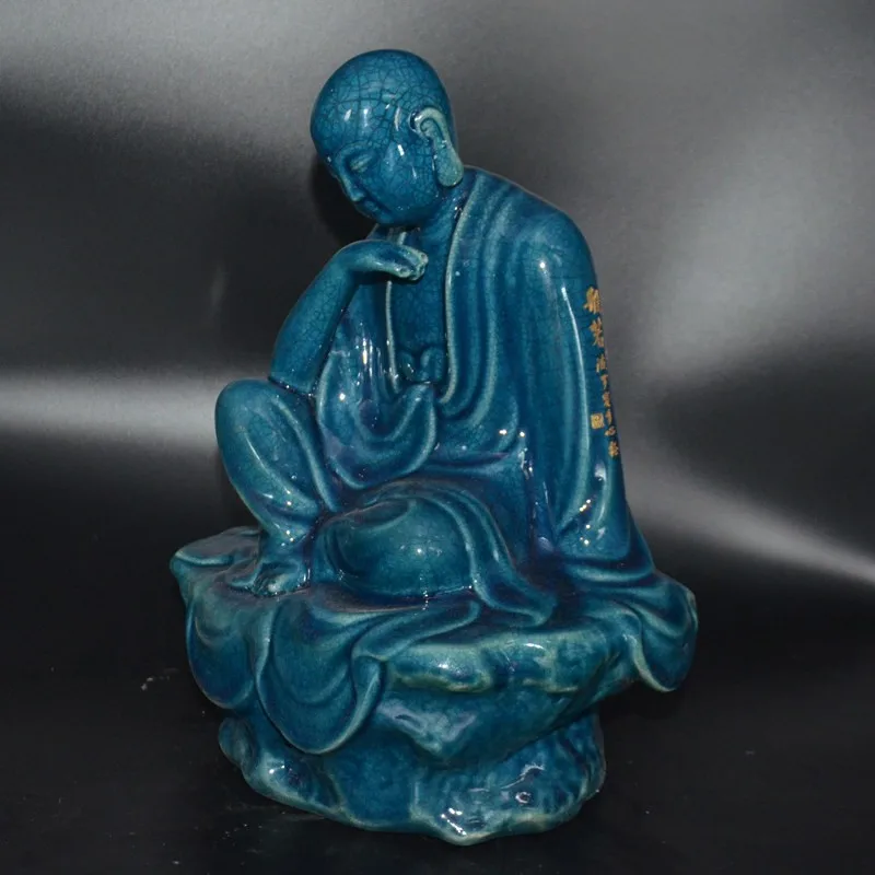 14.2 inch Chinese Song Chai Kiln Blue Porcelain Figurine Buddha Arhat Statue