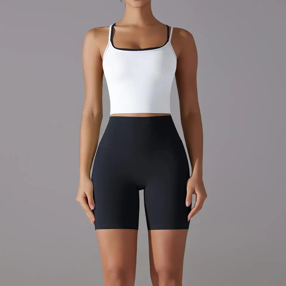 MIML Women's Antibacterial Yoga Shorts Set Crossback Color Block Sports Bra Fitness Running Capri Two-Piece Workout Outfit MIML