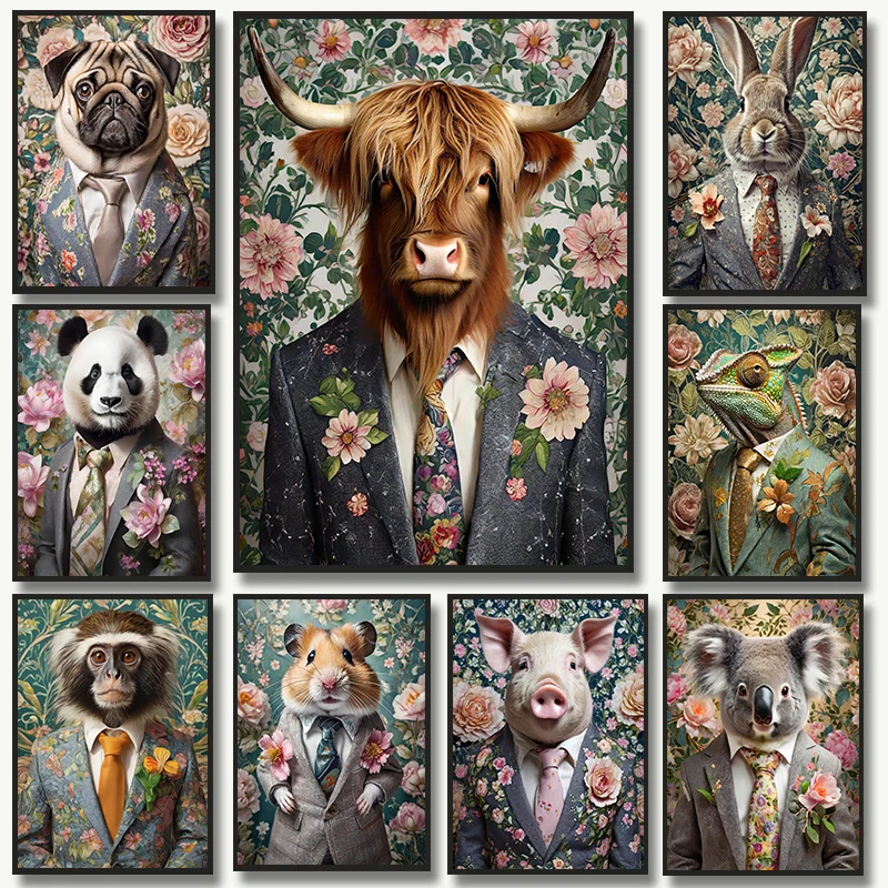 Vintage Classic Flower Animals in Suit Portrait Highland Cow Bunny Monkey Poster Wall Art Pictures Canvas Painting Home Decor