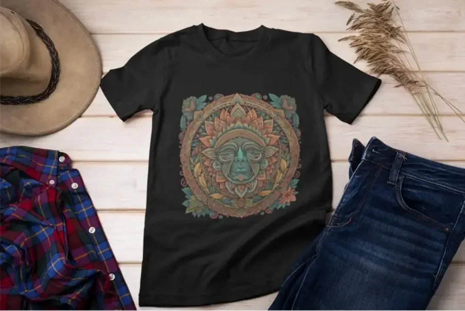 Ayahuasca Shaman T Shirt Fluid Lines and Colorful Patterns Vibrant Green Leafy Design Spiritual Artistic