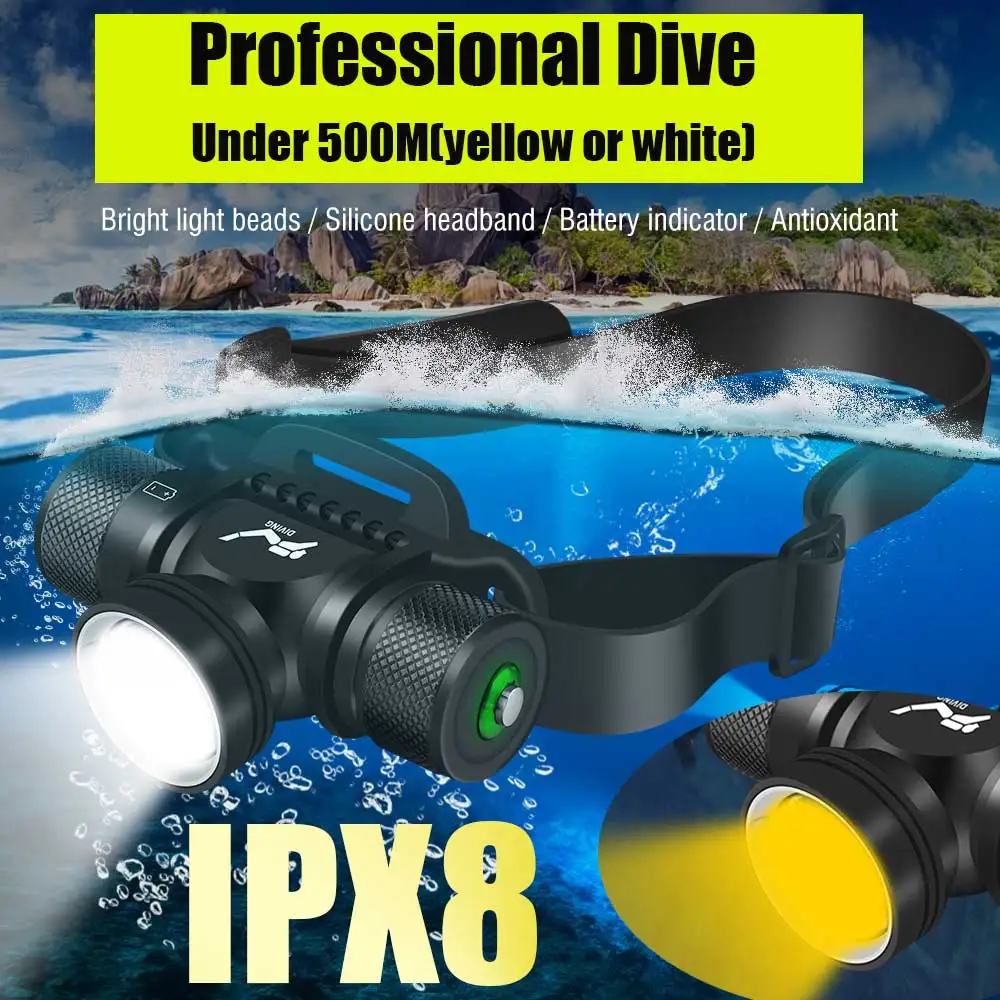 2024 Professional LED Powerful Scuba Diving Headlamp IPX8 Waterproof white or yellow Headlight Underwater 500M Dive Head Torch