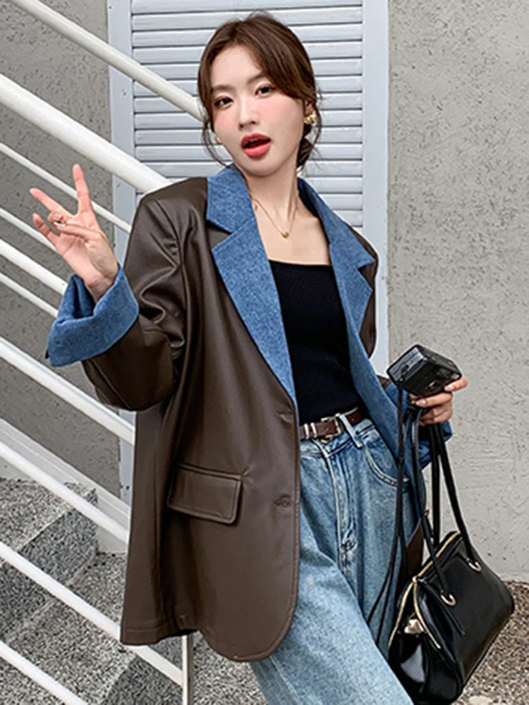 LANMREM Vintage Leather Blazer Women Denim Spliced Notched Collar Single Breasted Coat Fashion 2024 Spring New Clothing 2AA4519