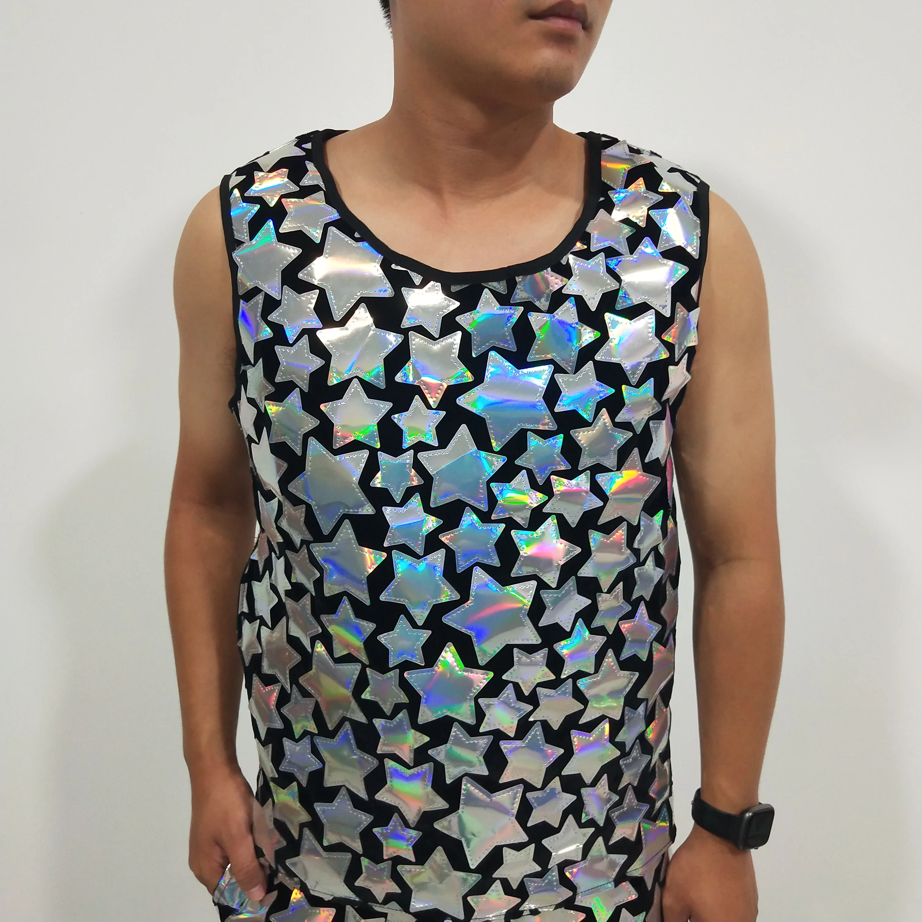 

Silver Stars Laser Mirror Sequins Vest Loose for Male Singer Concert Stage Party Dance Performance Club Nightclub Costume Wear