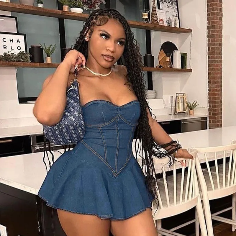 

Women 2024 Fashion Blue Denim Dress Sexy Club Outfit Strapless Pleated Mini Dresses Trending Clothing