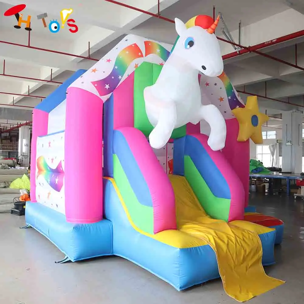 Snelle verzending 4,5x4m opblaasbare glijbaan uitsmijter paard cartoon mooie lucht springkasteel combo met luchtblazer
