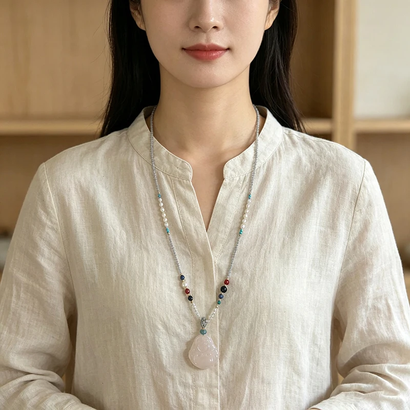 Ever-laughing Maitreya Buddha Laughing Buddha Freshwater Pearl Crystal Necklace/Sweater Chain, adjustable to 75cm.