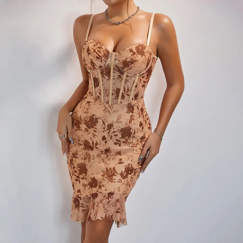 Spring Summer Printed Mesh Patchwork Camisole Dress European American Style Leisure Vacation Bodycon Women's Skirt