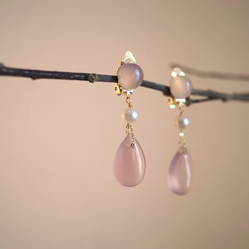 

Rouge Charm Original New Chinese Style Pink Water Drop Gentle Earrings with Hanfu Qipao Accessories