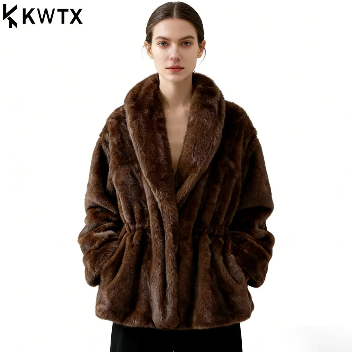KWTX 2025 Cappotto corto caldo casual da donna nuovo con coulisse Autunno Inverno Design Capispalla Poliestere Spandex Street Style