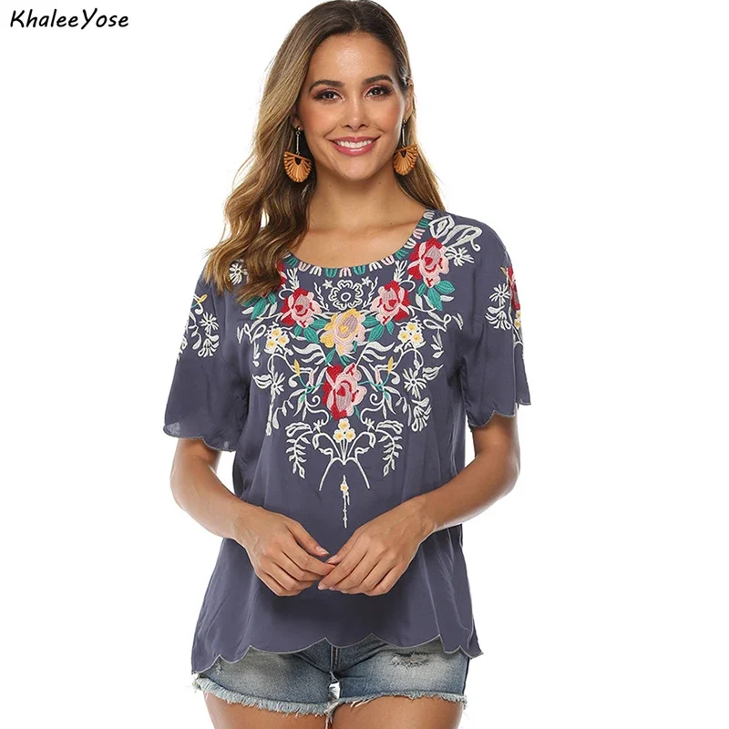 KHALEE YOSE Floral Embroidery Blouses Top Loose Summer Boho Mexican Women Shirt Short Sleeve 23xl Ethnic Hippie Shirt Blouse