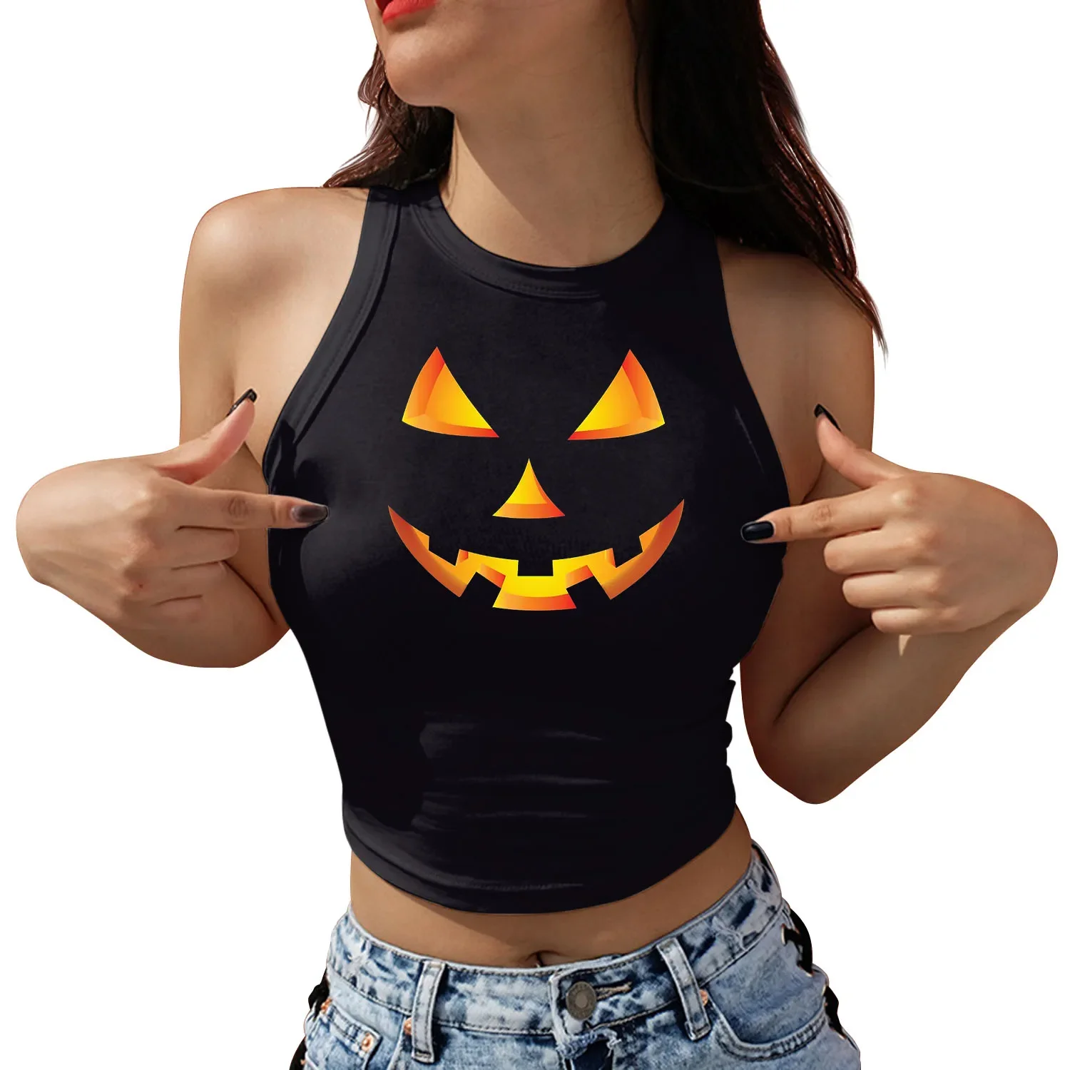 2024 Halloween Women Summer Sleeveless Crop Top Y2k Gothic Skeleton Pumpkin Skull Printed Streetwear Fitness Tops Tees