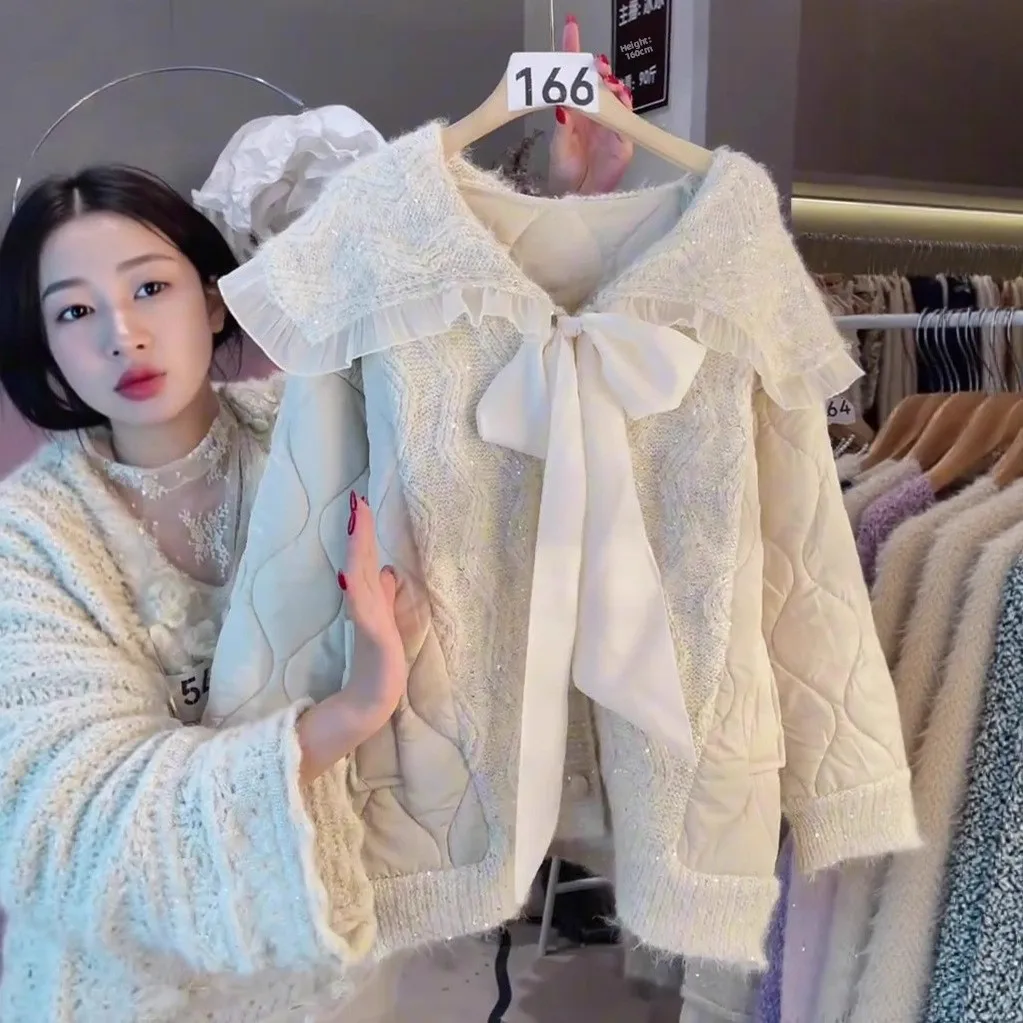 

Autumn Winter Loose Sweet Doll Collar Fairy Wind Moccasin Ear Cotton Blend Knitted Splicing Thiened Women's Jaet