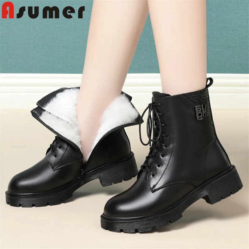 

ASUMER 2024 New Size 35-43 Genuine Leather Wool Snow Women Boots Ladies Winter Ankle Boots Square Med Heels Shoes