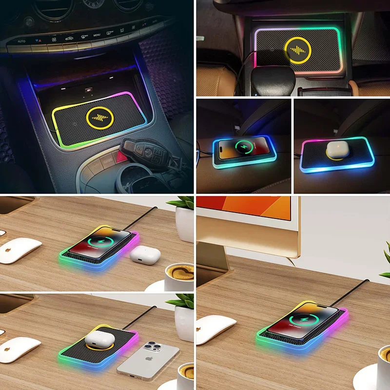 30W RGB Light Car Wireless Charger Pad for iPhone 15 14 13 12 11 Samsung S23 S22 Xiaomi Fast Wireless USB-A Phone Charging Pad