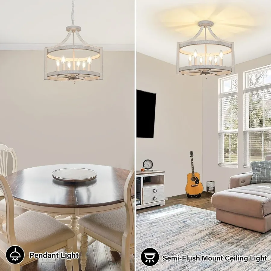 식당, 주방, 현관 및 입구용 디스트레스드 마감의 6등 팜하우스 샹들리에, 반매입형 천장 조명으로 변환 가능