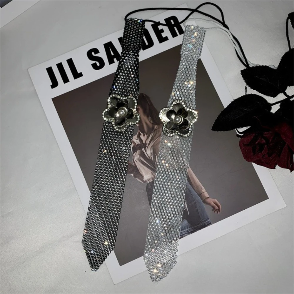 

Shiny Rhinestone Floral Neck Tie for Women Shirt Decorative Elegant Blouse Casual Fashion Jewelry Accessories