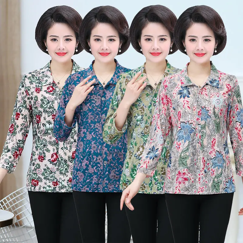 Printed Blouse Women Three Quarter Sleeve Shirt Tops 2022 Spring Autumn 3XL 4XL Fashion Middle Age Mother Cardigan Clothes