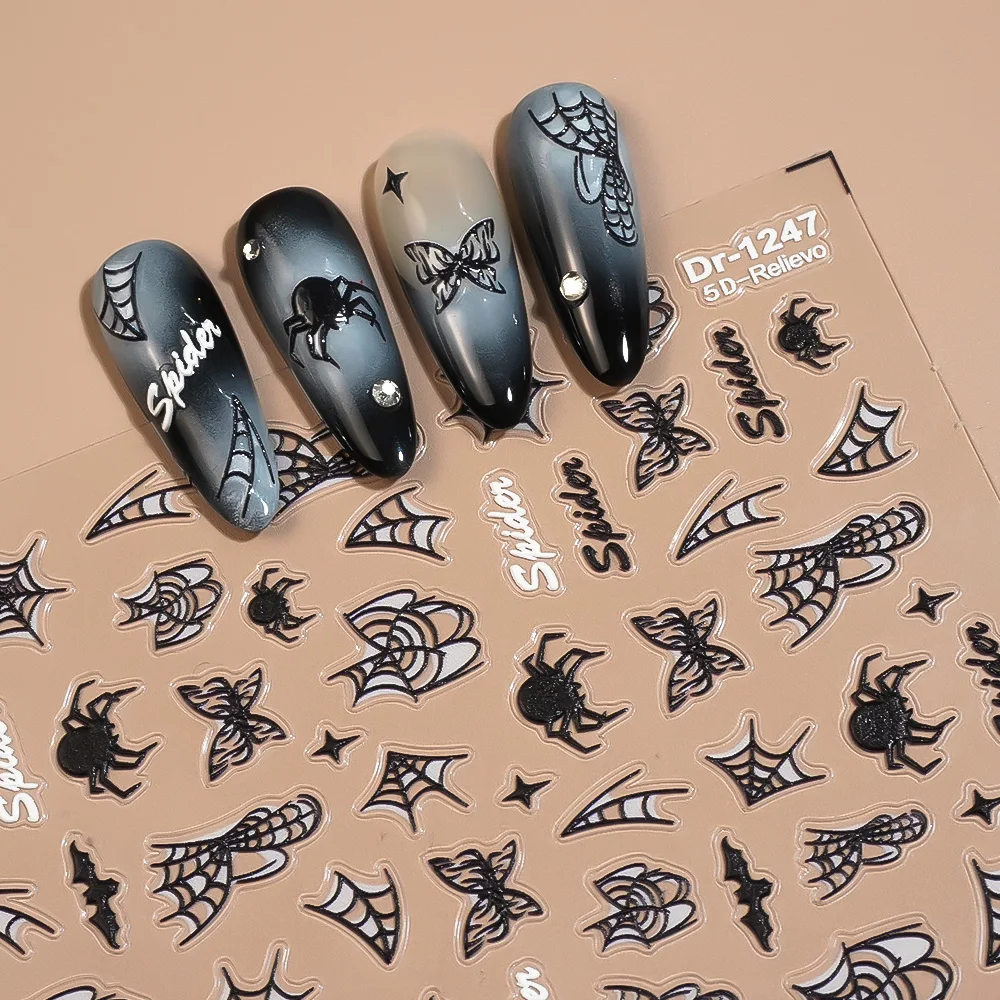 1/5/10pcs Halloween 5D Embossed Nail Art Stickers Spider Webs Bat Butterflies Nail Stickers For DIY Manicure Decoration Decals