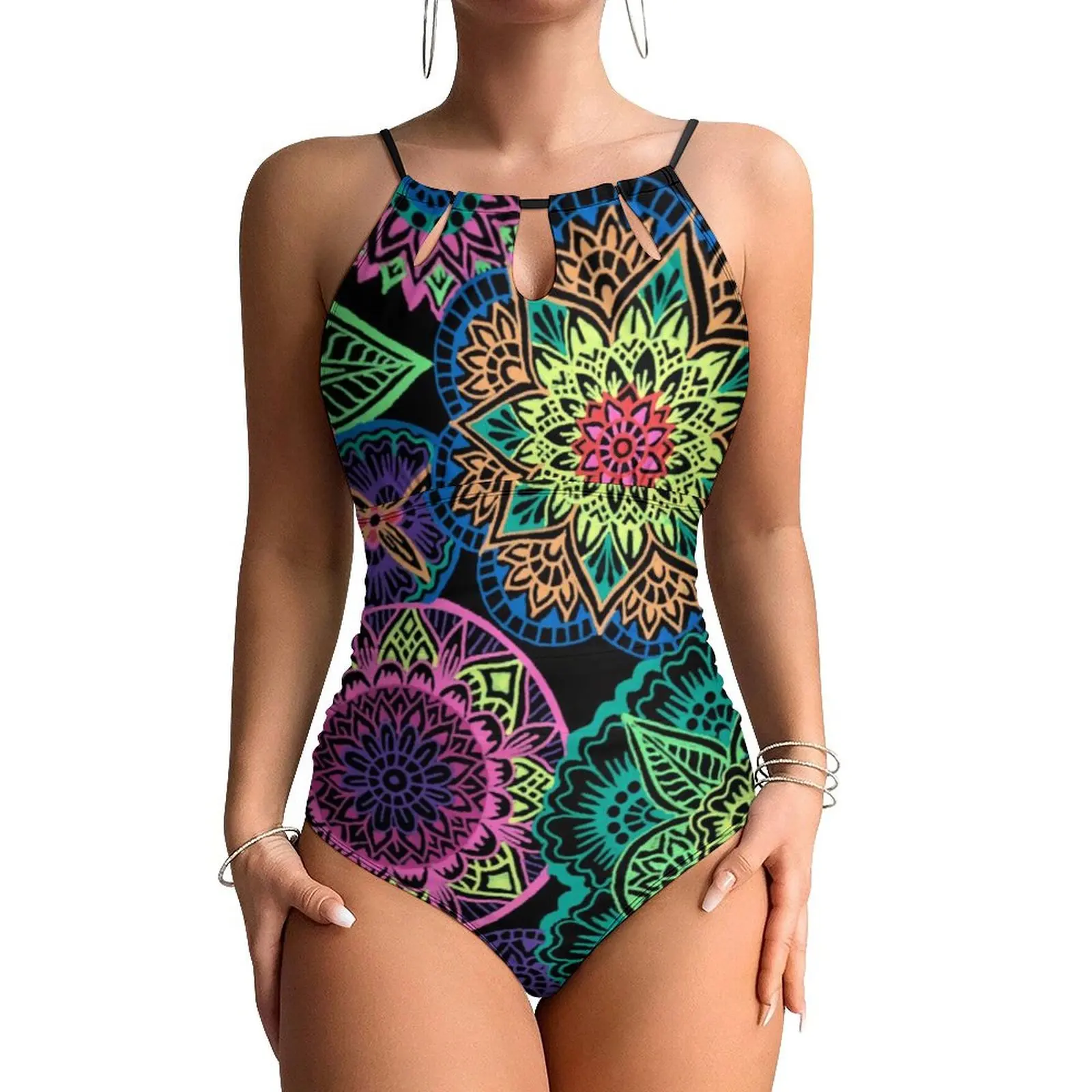 Neon Mandala Print Swimsuit Sexy Colorful Floral Women Swimwear One Piece Elegant Bodysuit Fitness Push Up High Cut Beachwear