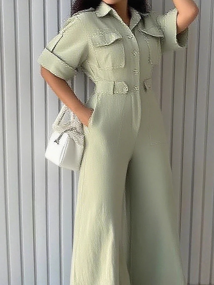 

Women's Fashion Pocket Half Sleeve Party Jumpsuit Elegant Button Hight Waist Slim Long Romper Casual Lapel Collar Solid Playsuit