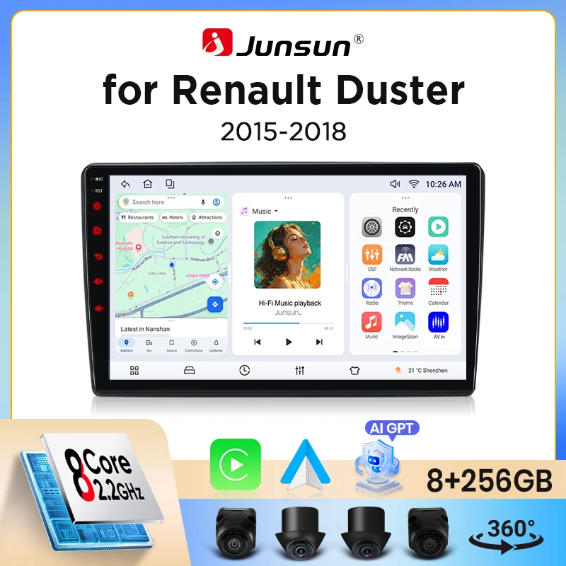 Image of Junsun Wireless CarPlay Android Auto Autoradio für Renault Duster Mk1 (Facelift) 2015-2021 mit integriertem Lüfter, Android GPS-Navigation, Multimedia-Player, WiFi, DSP, RDS, BT, SWC, IPS-Touchscreen,