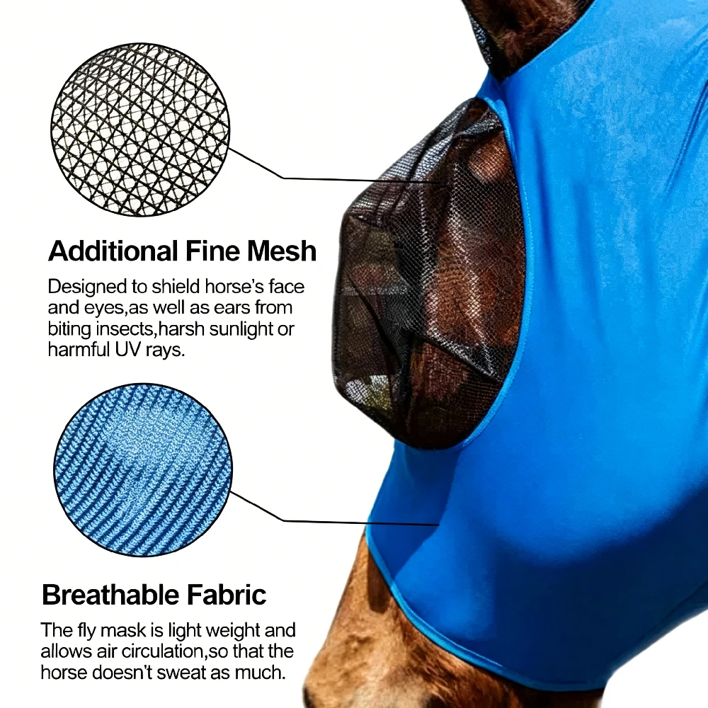 1PC Horse Fly Mask with Ears,UV Protection Elastic Breathable Comfort Mesh Mask for Adult Horses, Summer Insect Protective Cover