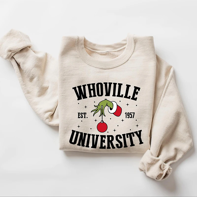 Whoville University Sweatshirt Grinch Christmas Genie Hoodie Women\'S Autumn And Winter Loose Round Neck Oversized Casual Shirt