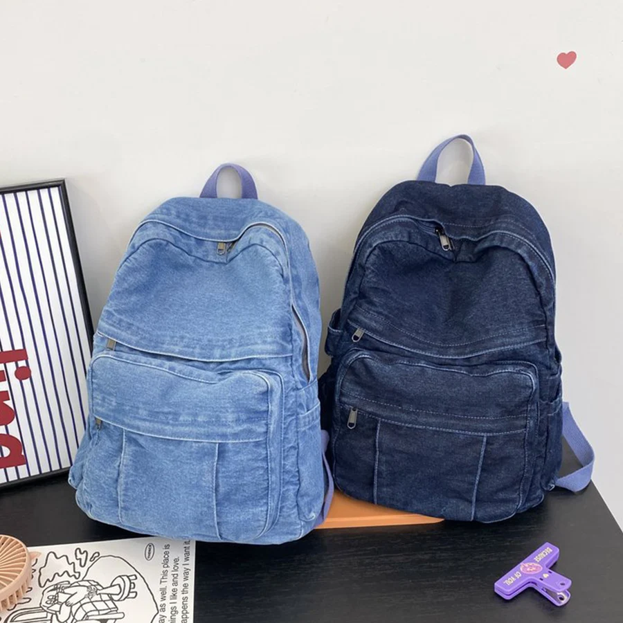 New Denim Blue Backpack Women's Leisure Travel Outing Shoulder Bag Female Fashion Schoolbags Suitable For Boys And Girls Mochila