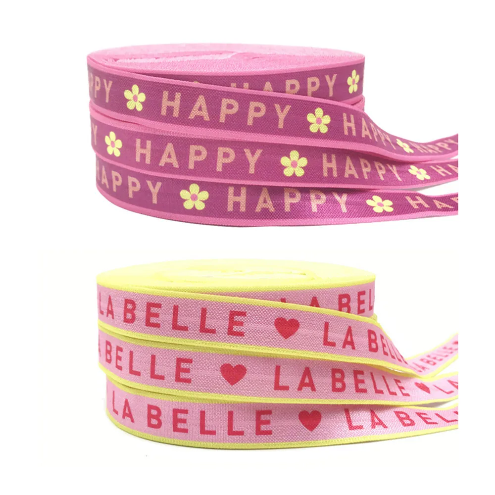 10Yard Happy La Belle Print Buchstaben falten über elastischen 15mm Feind Band für DIY Kopf bedeckung Geschenk Gurtband Zubehör – Detail 1