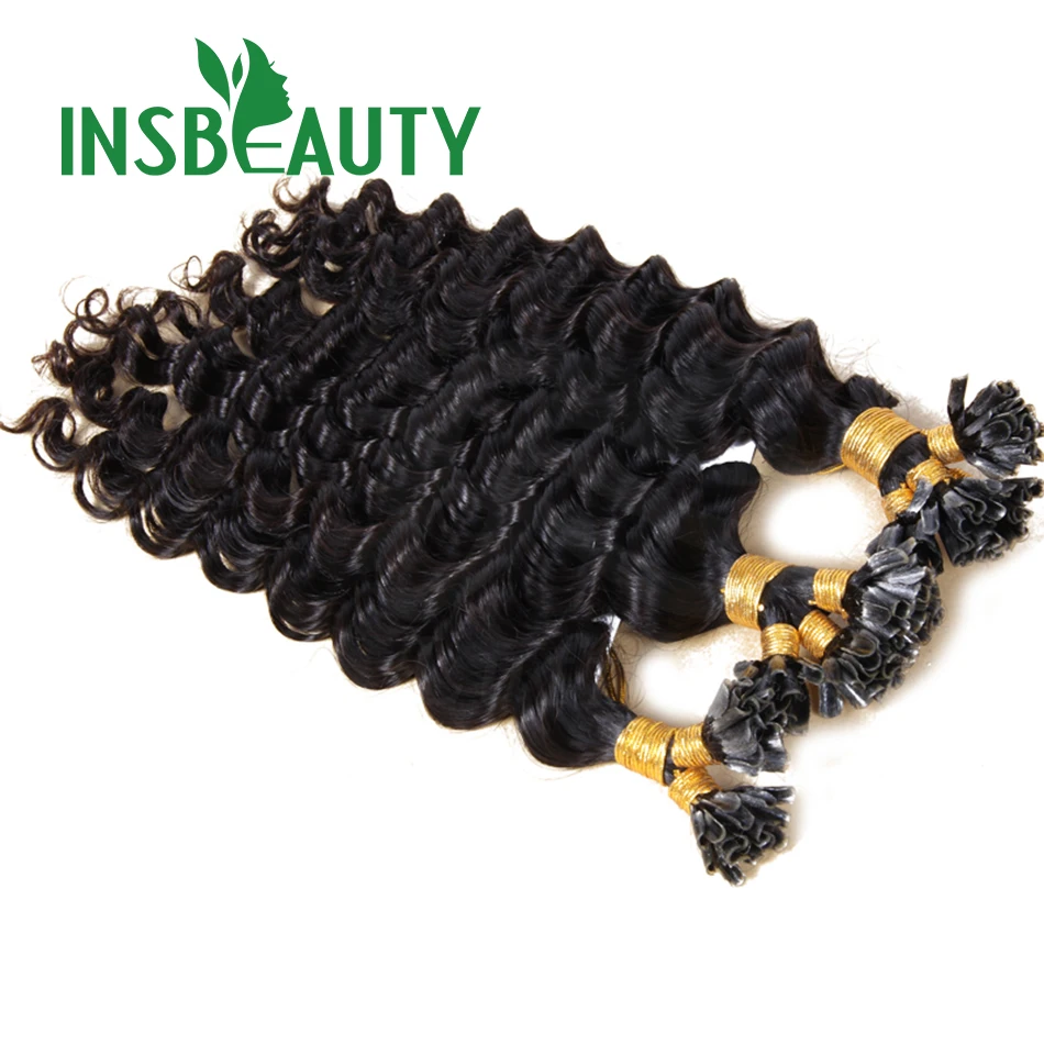 Extensiones de cabello humano de punta en U de onda profunda para mujeres negras, extensión de cabello de punta de uñas de Color Natural