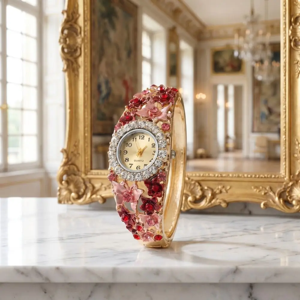 

Rich In Flowers Vintage Watch Round Dial Crystal Jewelry Ladies Wristwatch Rhinestone Bracelet Versatile Design Bracelet Watch