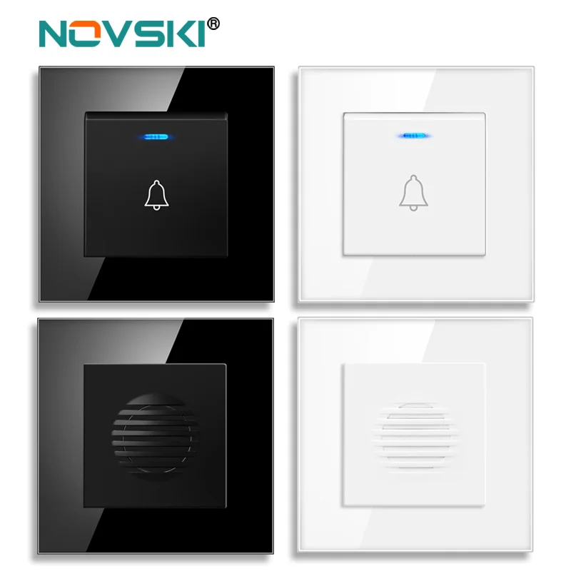 EU86 Embedded 110V/220V Wired Hotel and Home Doorbell Switches with LED Indicator Lights, Tempered Crystal Tempered Glass Panel