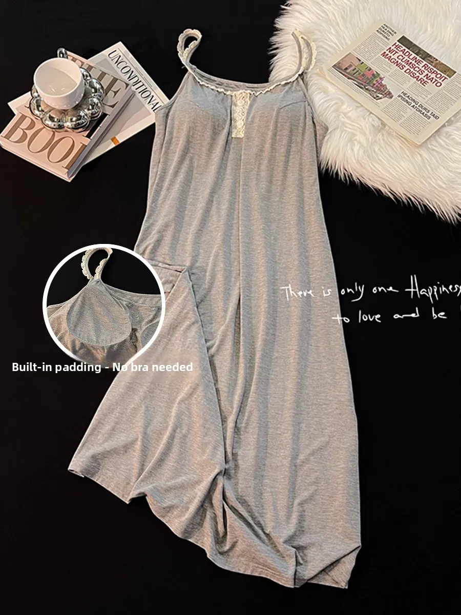 

ey Modal Cotton Women's Summer Spwear with Chest Pad Pure Cotton Strap Home Clothes Simple Korean Sle Ins Wind Nightgown