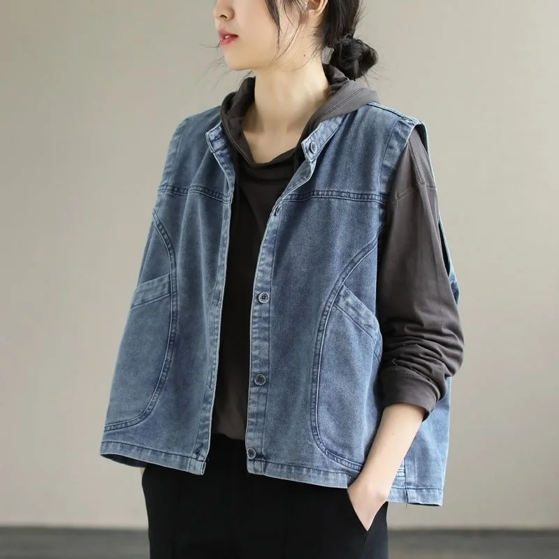 2023 Spring Summer New Denim Vest Women Big Pocket Short Jeans Jacket Sleeveless Waistcoats Loose Overcoat Female Streetwear