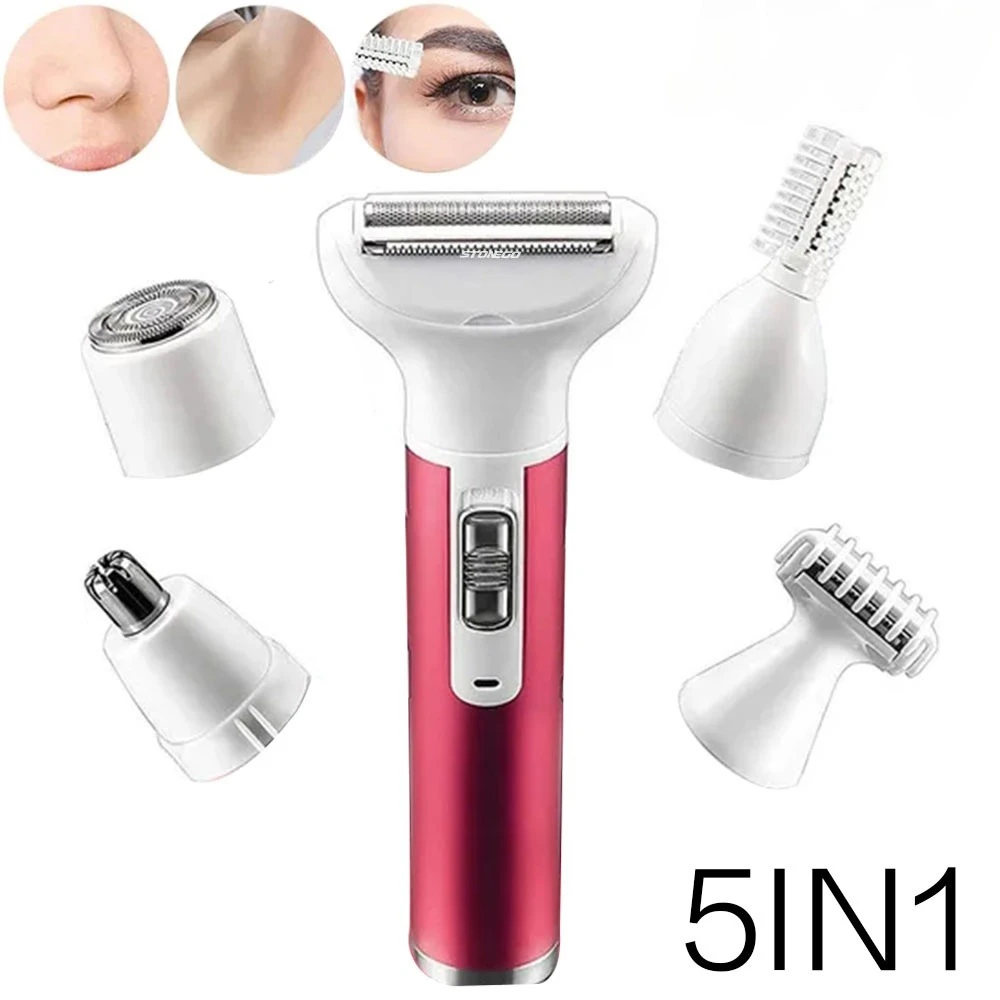 5 in 1 Women Hair Removal Lady Shaver Electric Trimmer Razor for Eyebrow Nose Face Body Underarm Leg Bikini Line Gentle Epilator Shaving Machine Rechargeable USB Compact Design Beauty Grooming Tool Gift for Women Girlfriend Wife Lady Friend